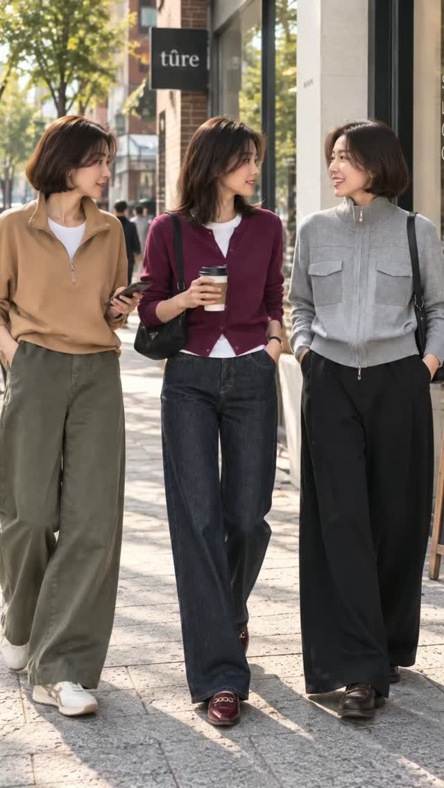 Three women walking on a city street wearing stylish autumn knitwear and wide-leg trousers.