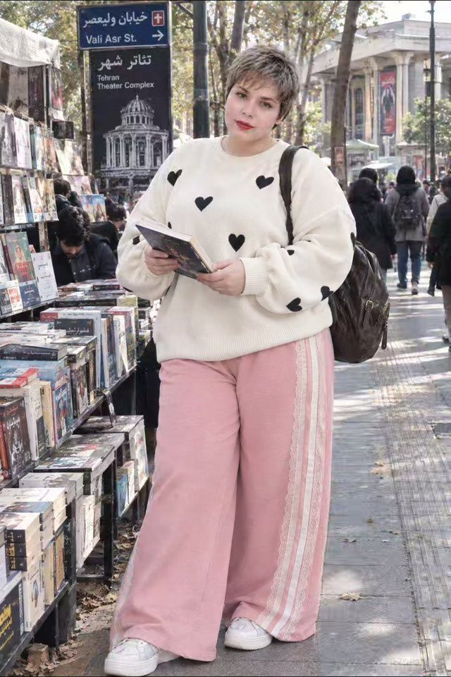 A woman in a heart-patterned sweater and pink wide-leg pants standing by a book stall.
