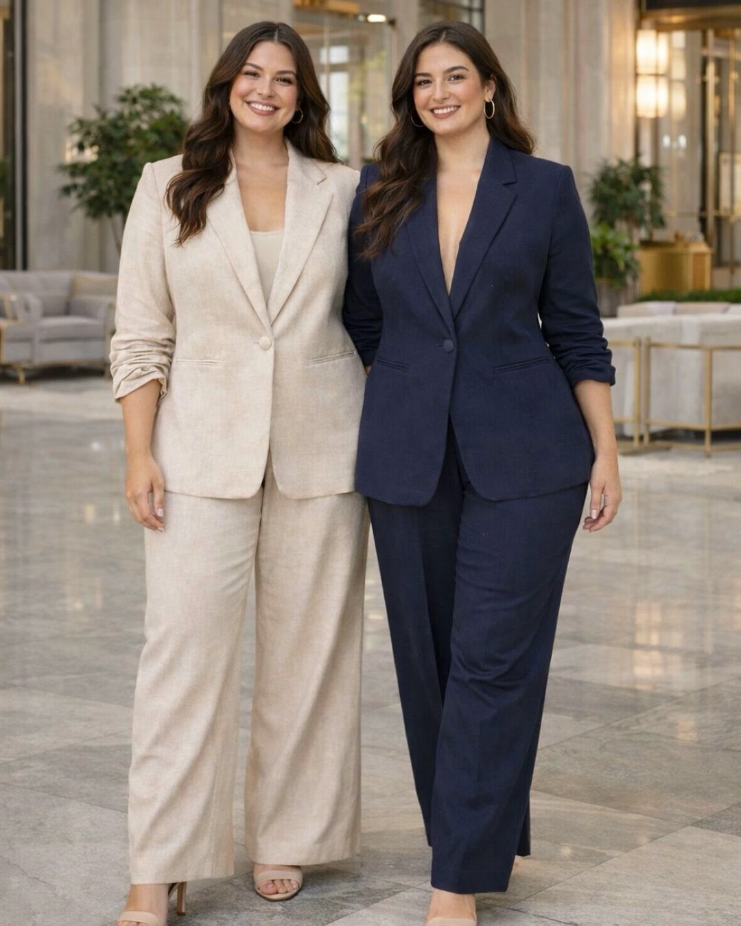 Two women posing in elegant, matching tailored blazer and trouser sets.