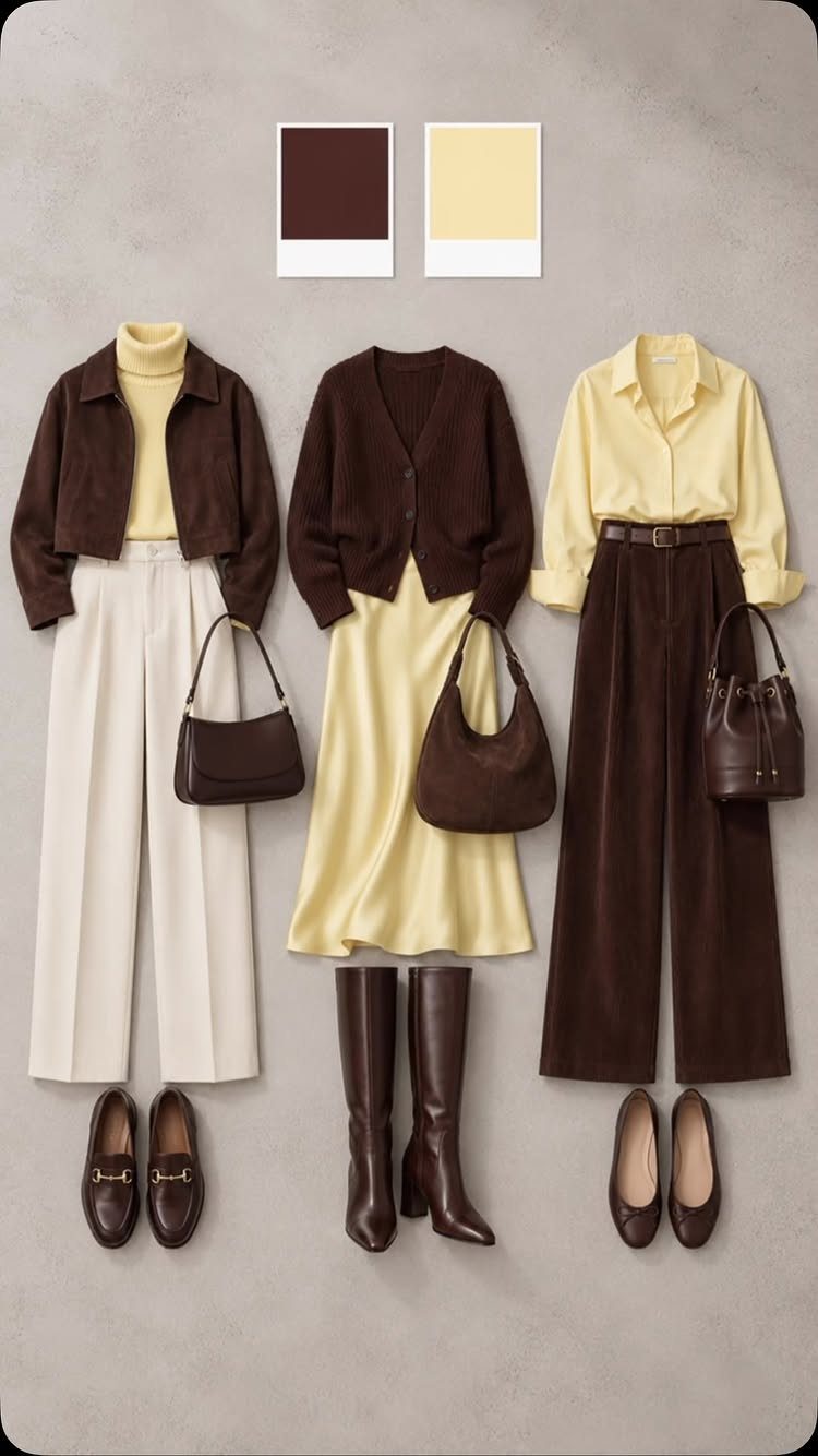 Three coordinated autumn and winter outfits featuring brown, cream, and yellow clothing, accessories, and footwear laid flat.