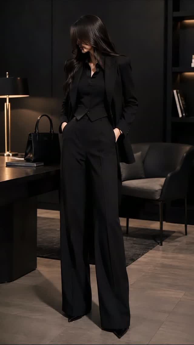 A woman wearing a black blazer, black shirt, and wide-leg black trousers standing in a dark room.