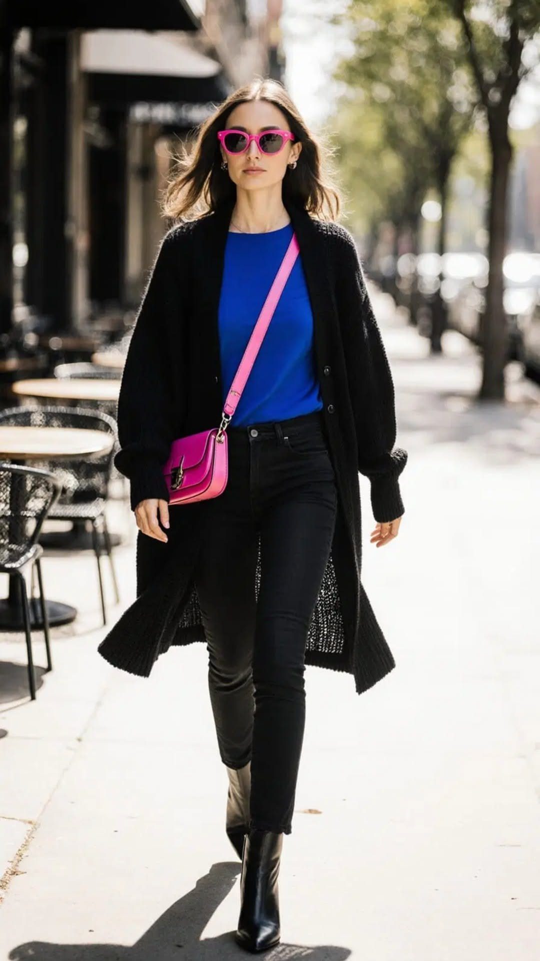 Woman in black jeans, blue top, and long cardigan wearing bright pink sunglasses and bag.