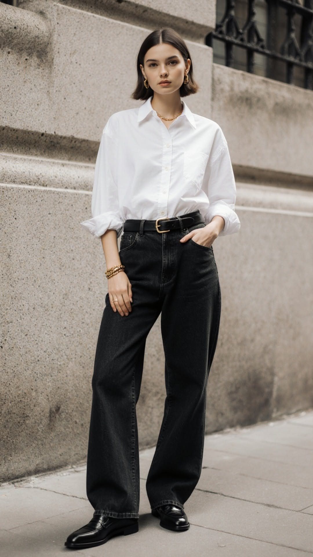 Woman wearing a white button-down shirt and wide-leg black jeans standing on a sidewalk.