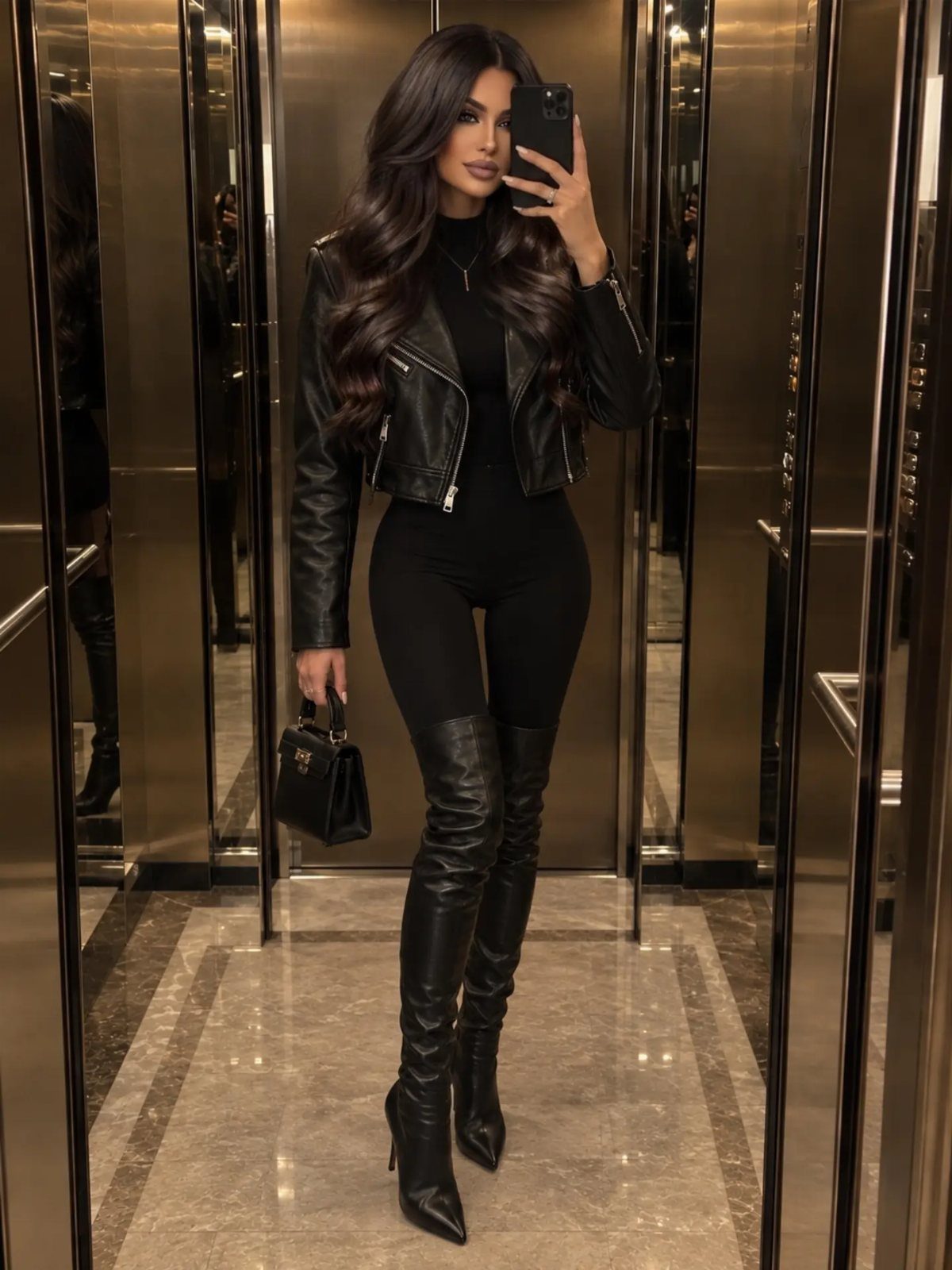 Woman in black leggings, leather jacket, and over-the-knee boots posing in an elevator.