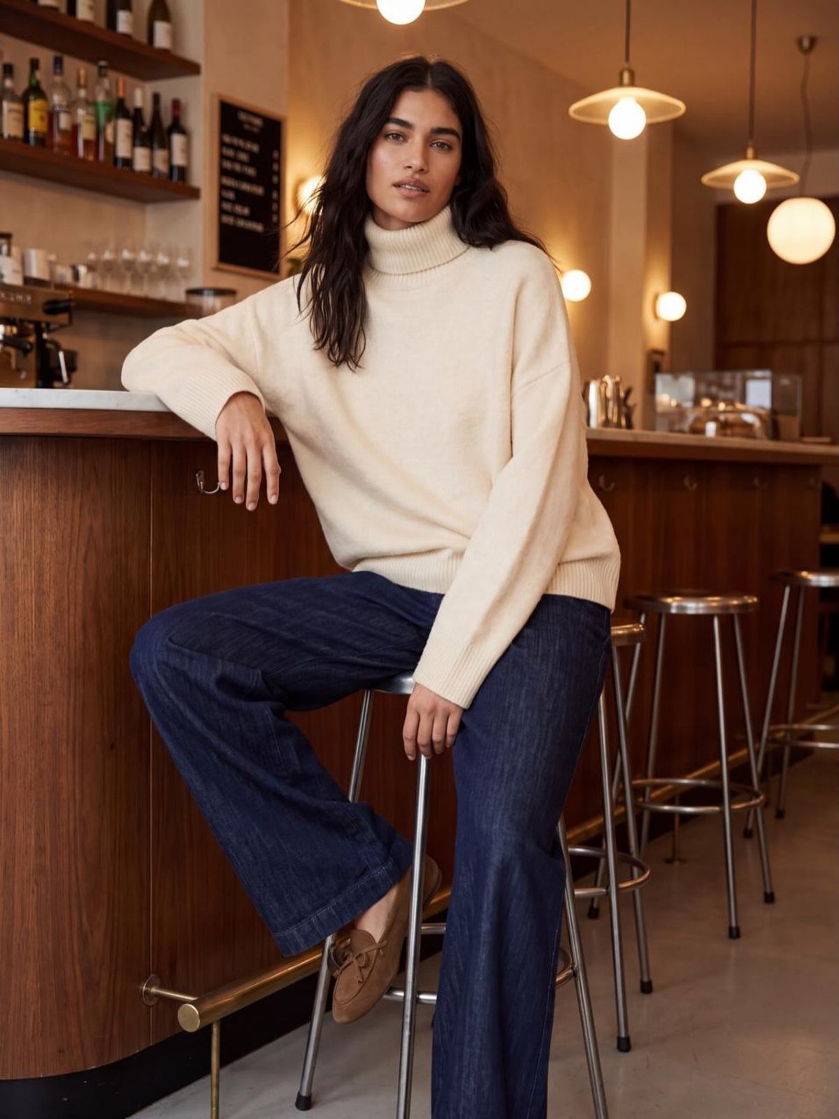 A woman wearing a cream turtleneck sweater and wide-leg blue jeans sitting on a bar stool.