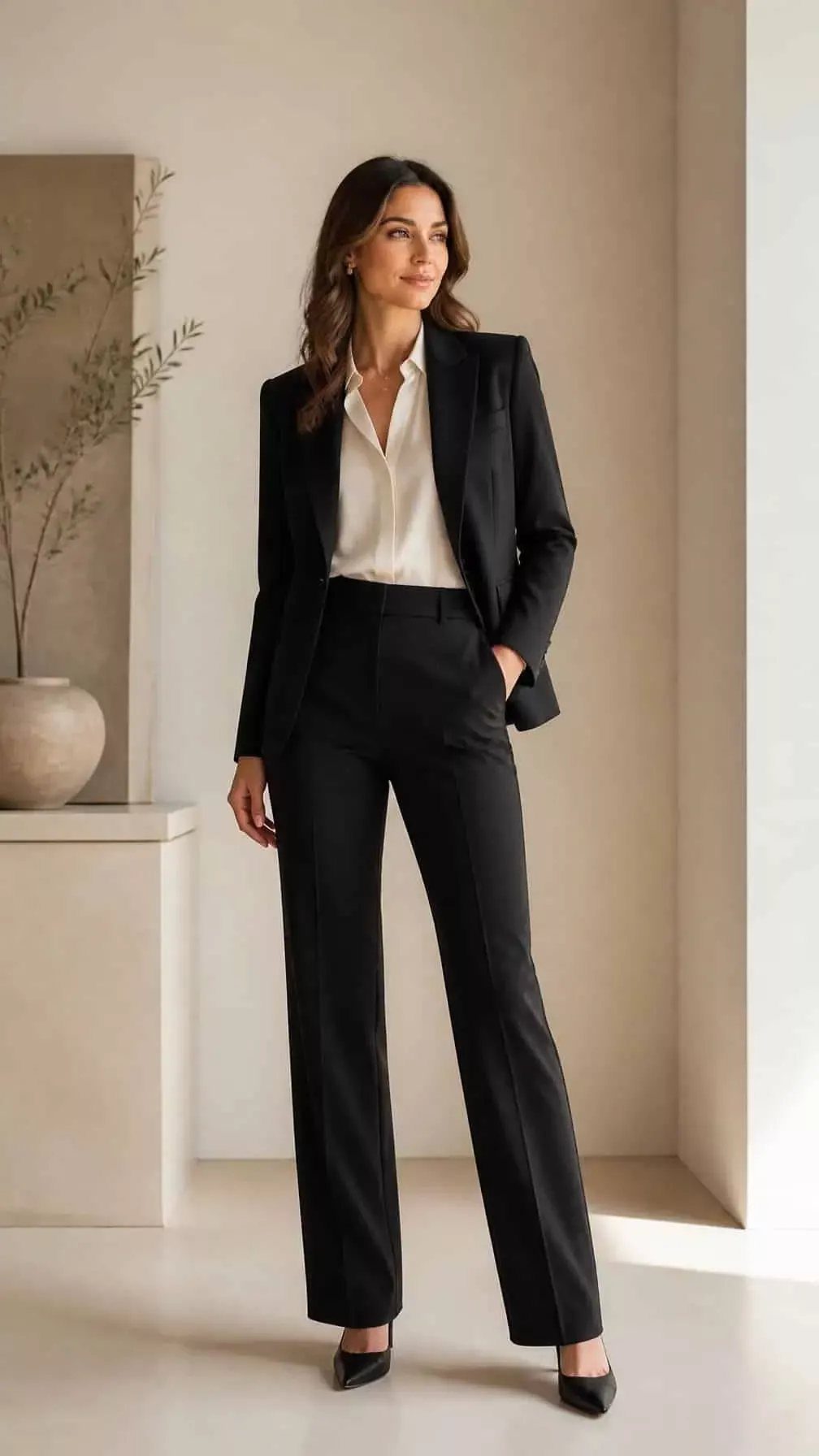 A woman posing in a black tailored blazer, white blouse, and black trousers.