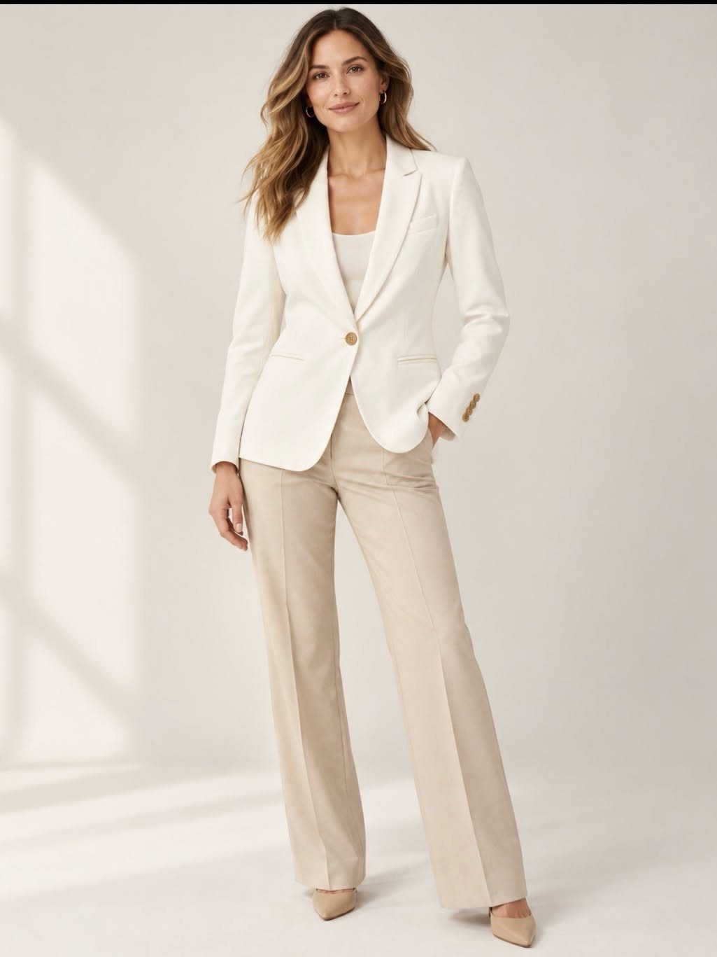 A woman wearing a cream blazer and beige tailored trousers standing against a light background.