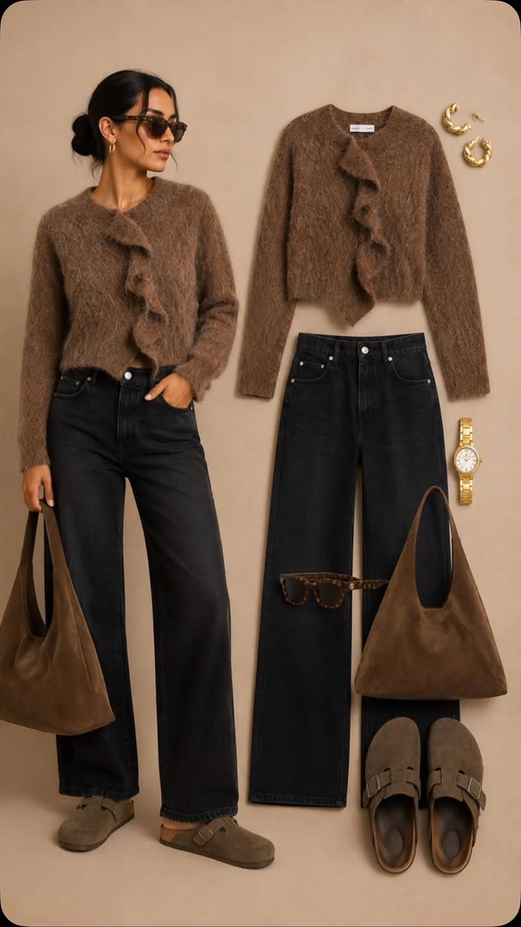 Woman wearing a brown fuzzy sweater and black jeans next to a matching outfit flat lay.