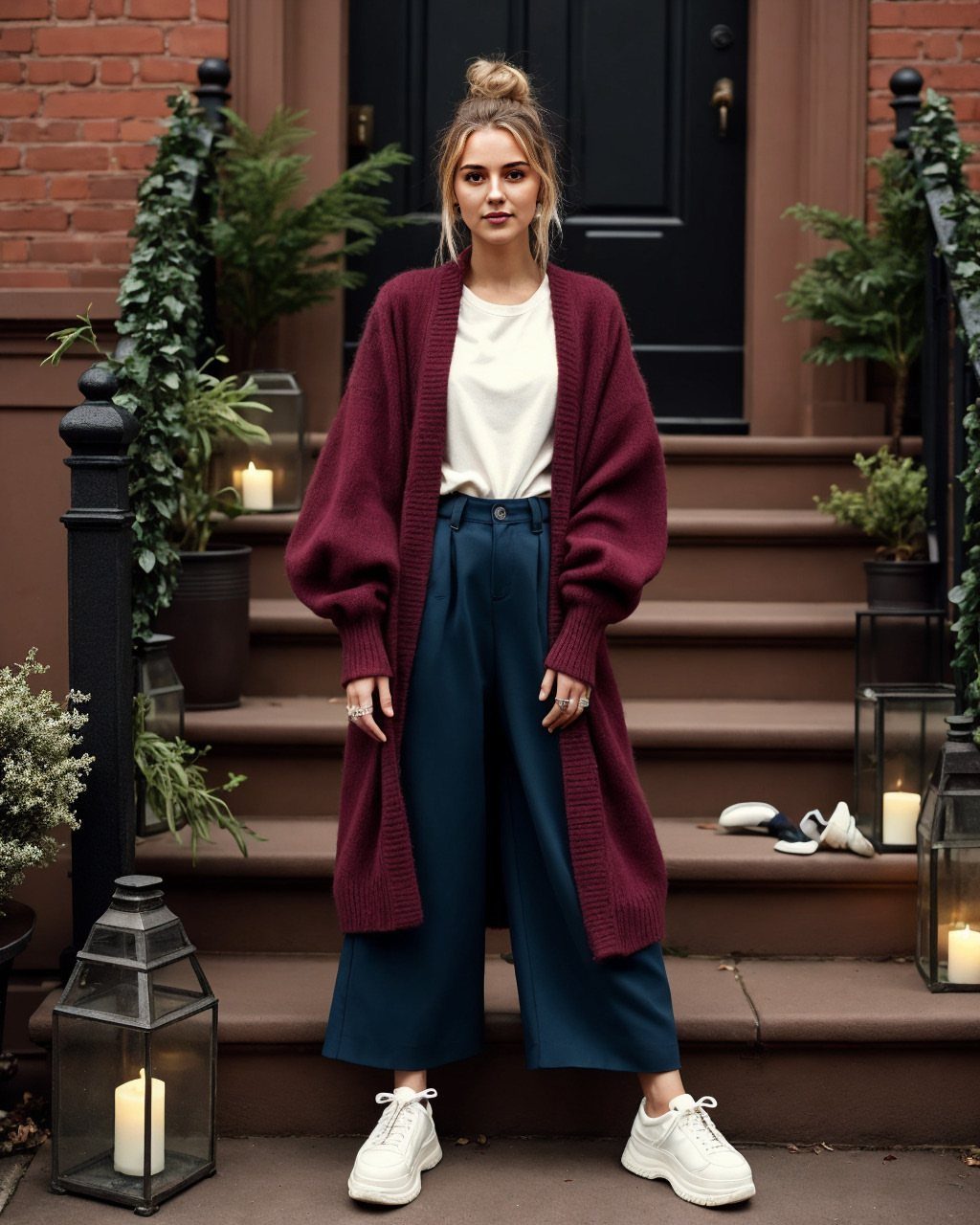 Woman wearing a long burgundy knit cardigan, white top, and teal wide-leg trousers on stone steps.