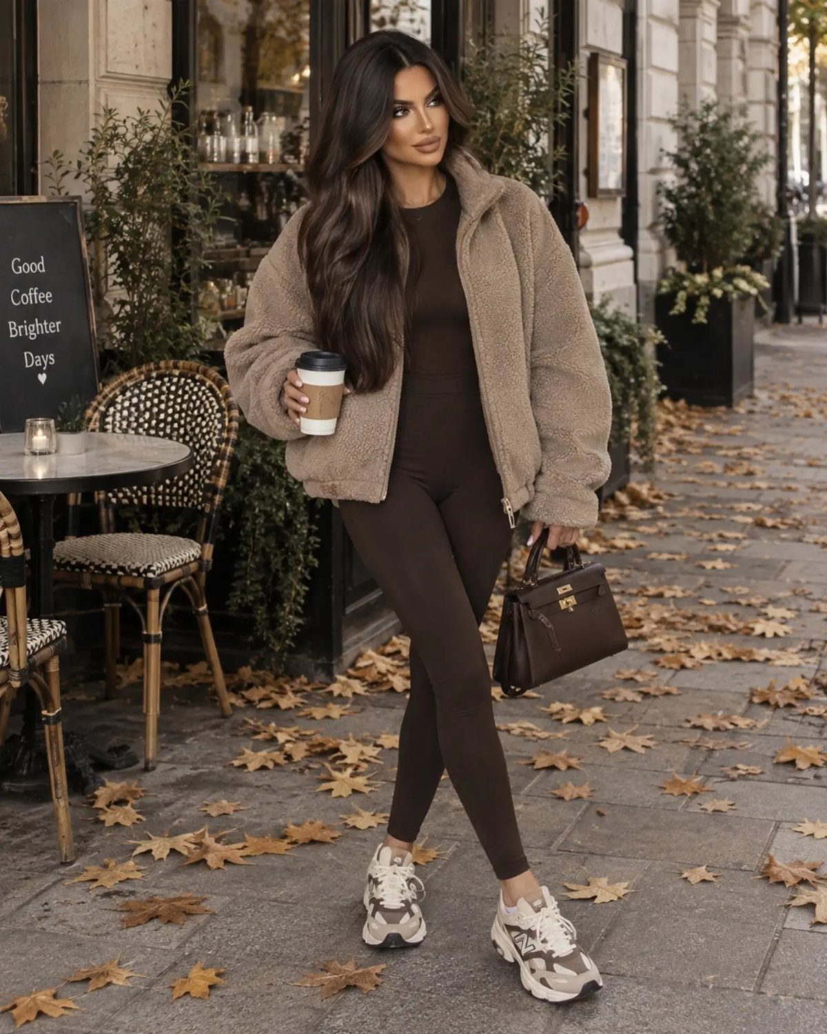 Woman walking outdoors in a brown fleece jacket, dark leggings, and white sneakers on a leaf-covered sidewalk.