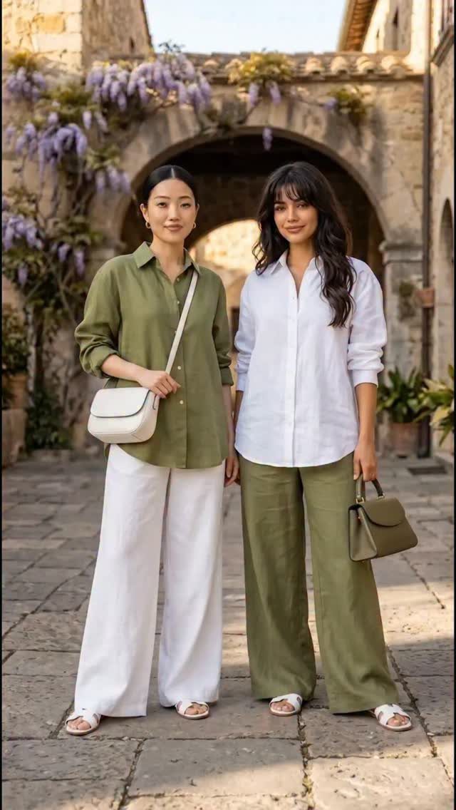 Two women posing in wide-leg trousers and button-down shirts on a stone street.