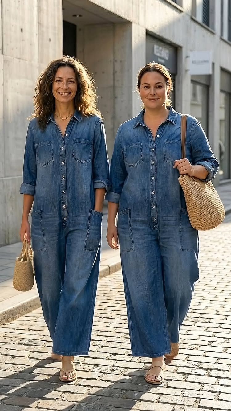 Two women walking down a street wearing matching blue denim jumpsuits and carrying straw bags.