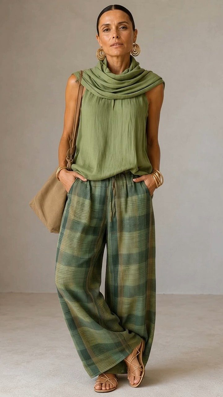 A woman posing in a green sleeveless top and wide-leg plaid trousers with a tan bag.