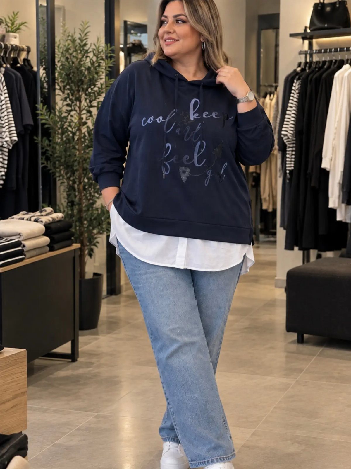 A smiling woman wearing a navy blue hooded sweatshirt and light blue jeans in a clothing store.