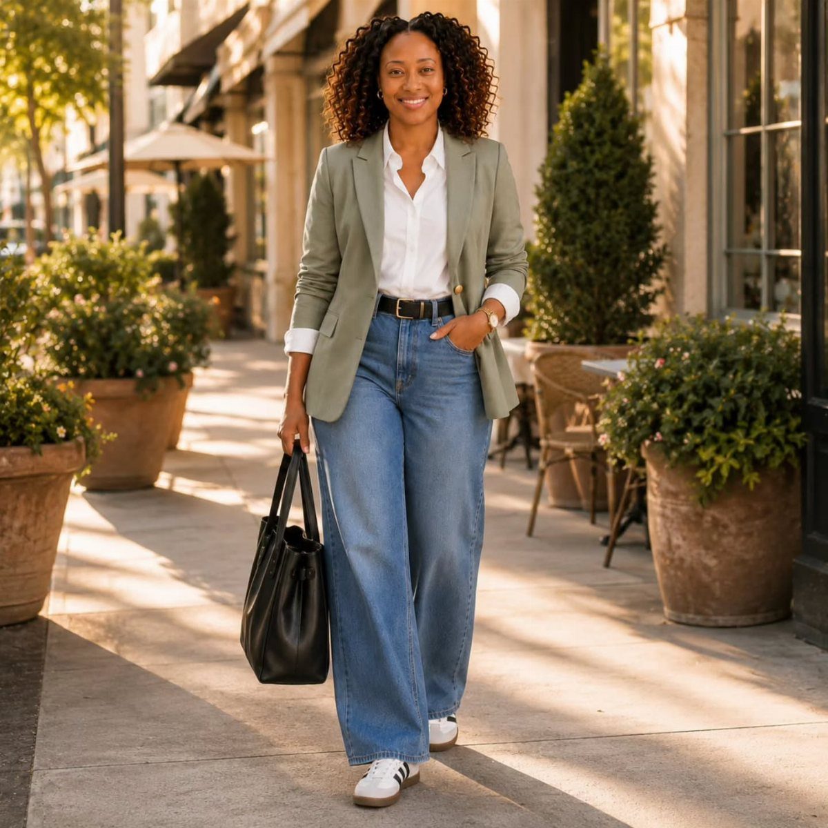 A woman walking outdoors wearing a green blazer, white blouse, and blue wide-leg jeans.