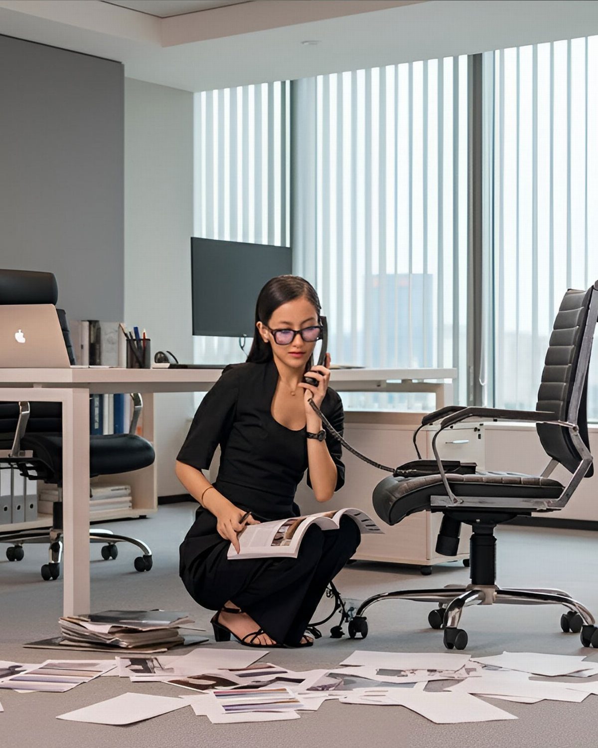 Woman in a black top sitting on an office floor holding a phone and reading a magazine.