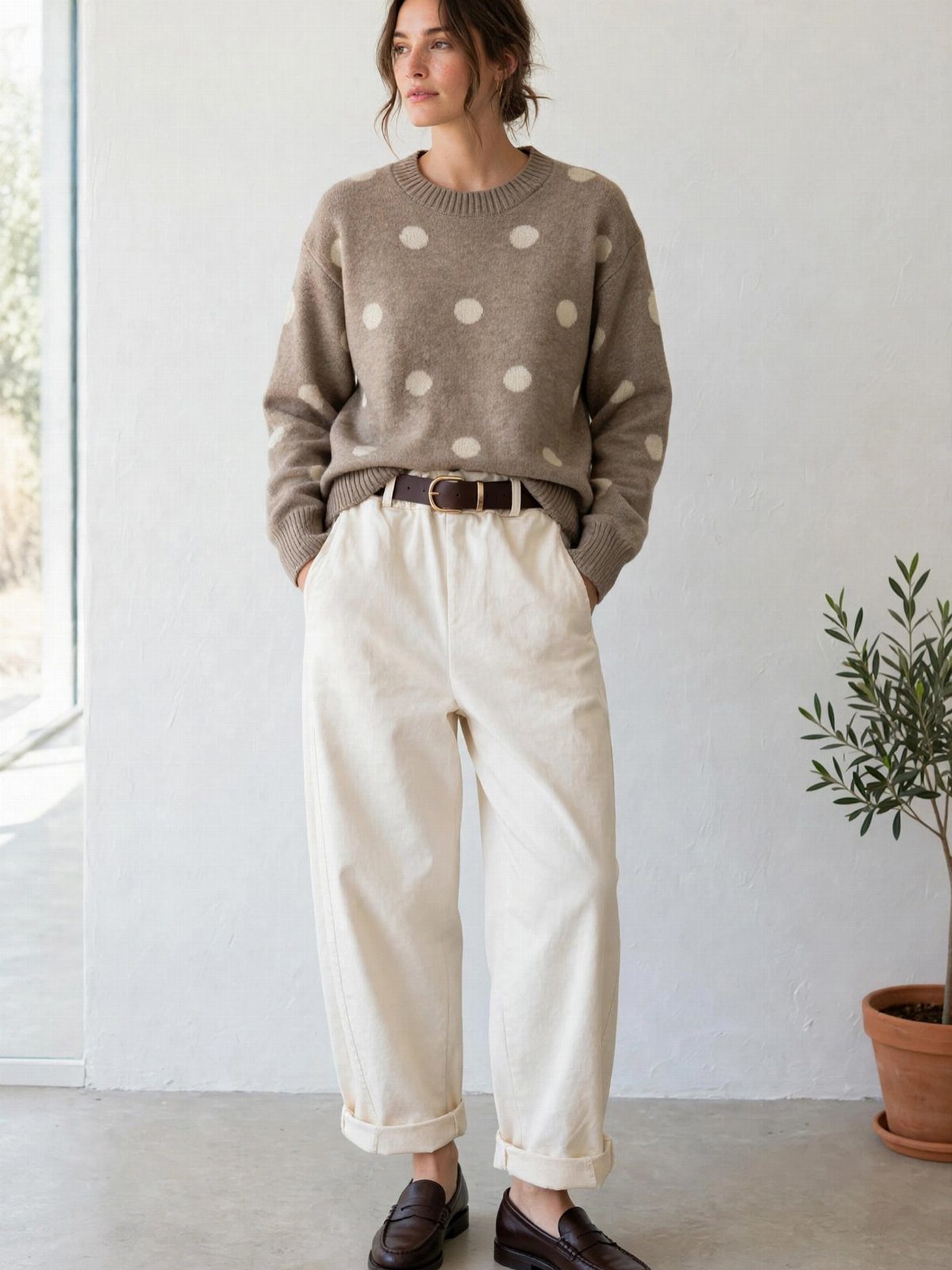 Woman wearing a polka dot sweater and cream wide leg cropped trousers with loafers.