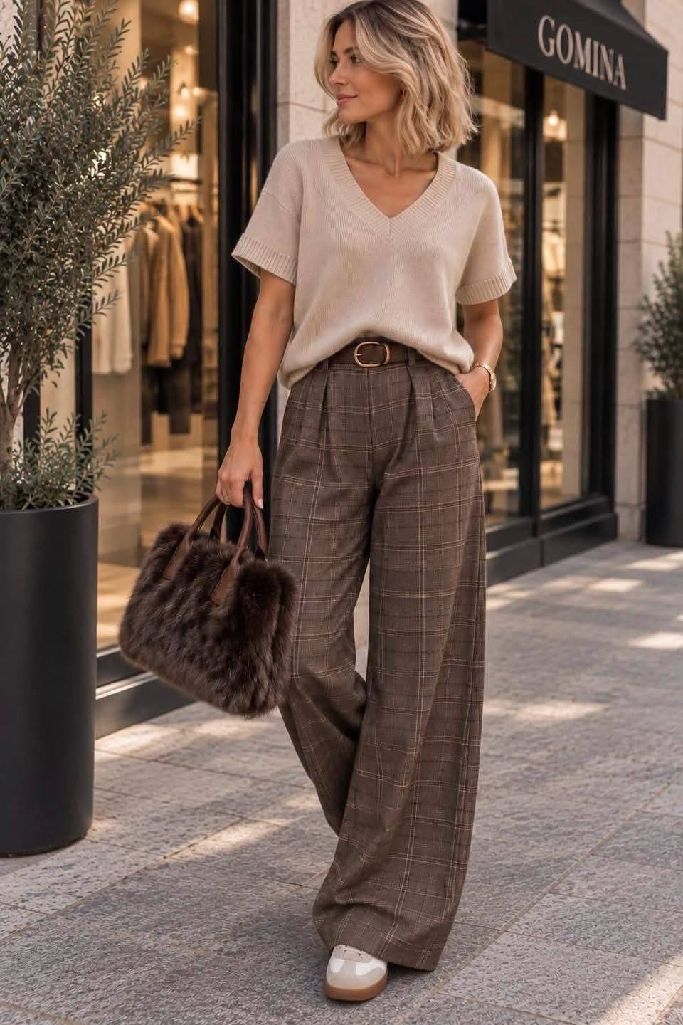 Blonde woman wearing a beige knit top and wide-leg plaid trousers walking outside.