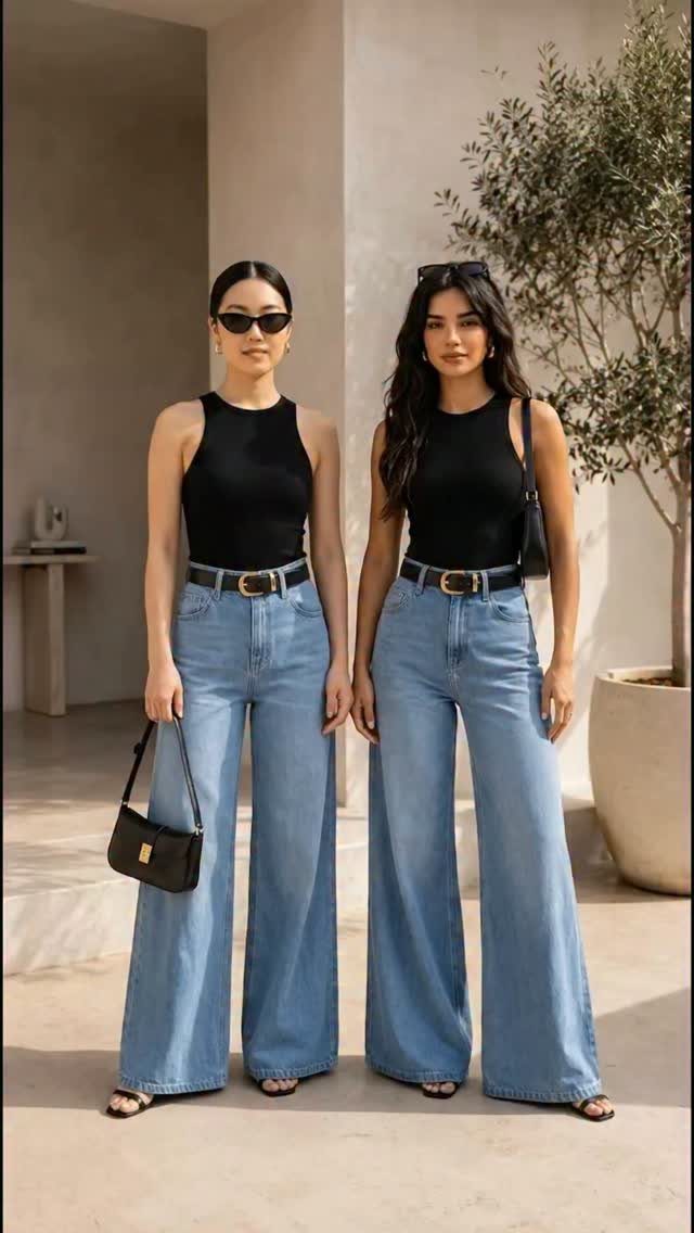 Two women wearing black halter tank tops and wide-leg light blue denim jeans standing outdoors.