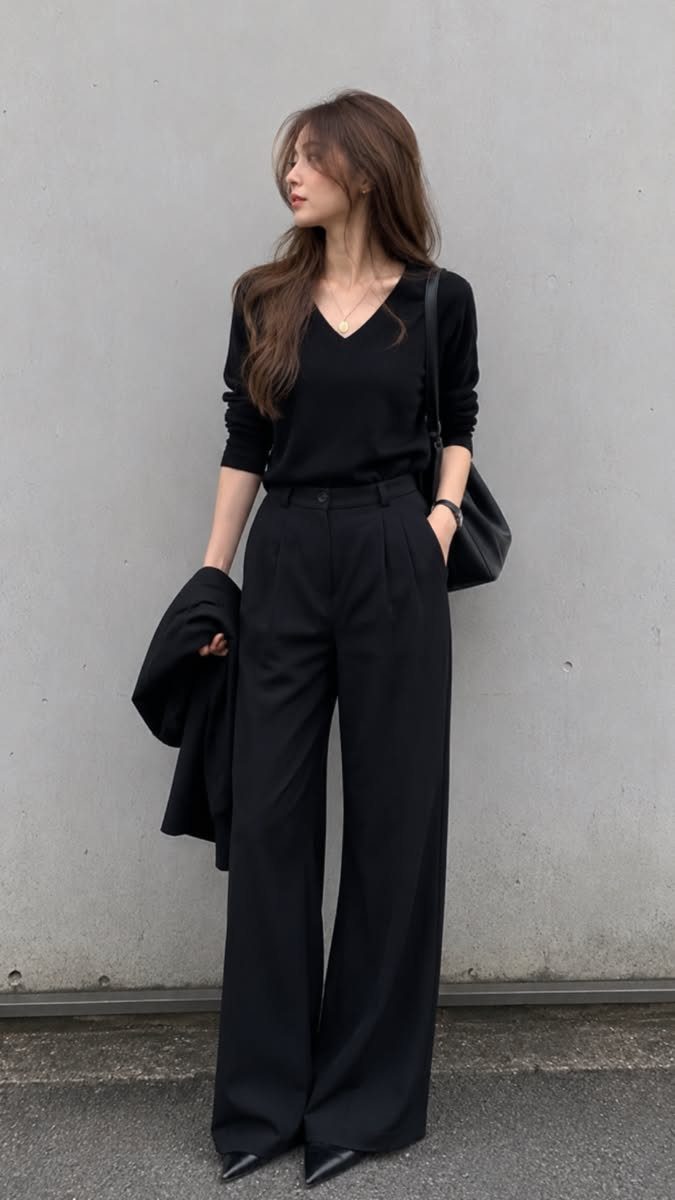 Woman wearing a monochrome black V-neck top and wide-leg trousers standing against a grey wall.
