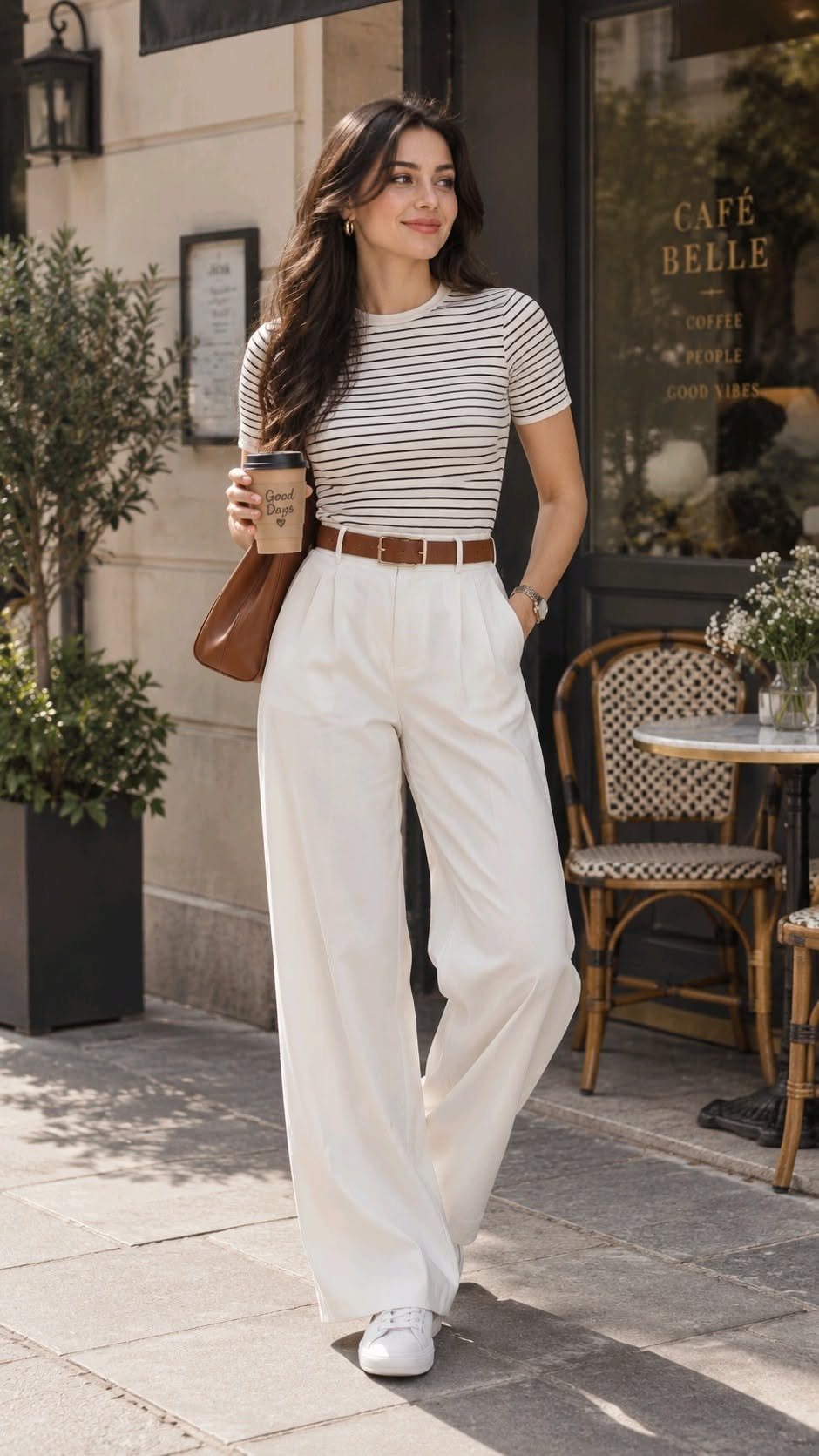 A woman in wide-leg white trousers and a striped top standing outside a cafe.