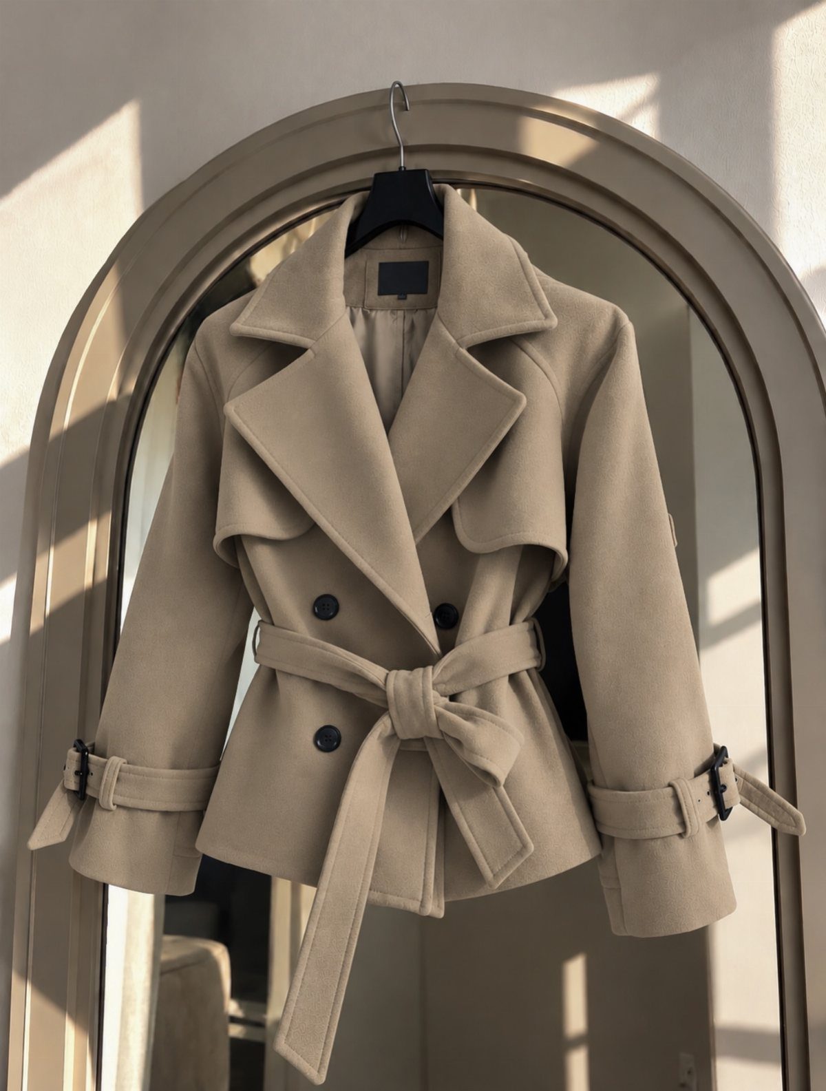 A beige belted coat hanging on a black hanger inside an arched mirror.