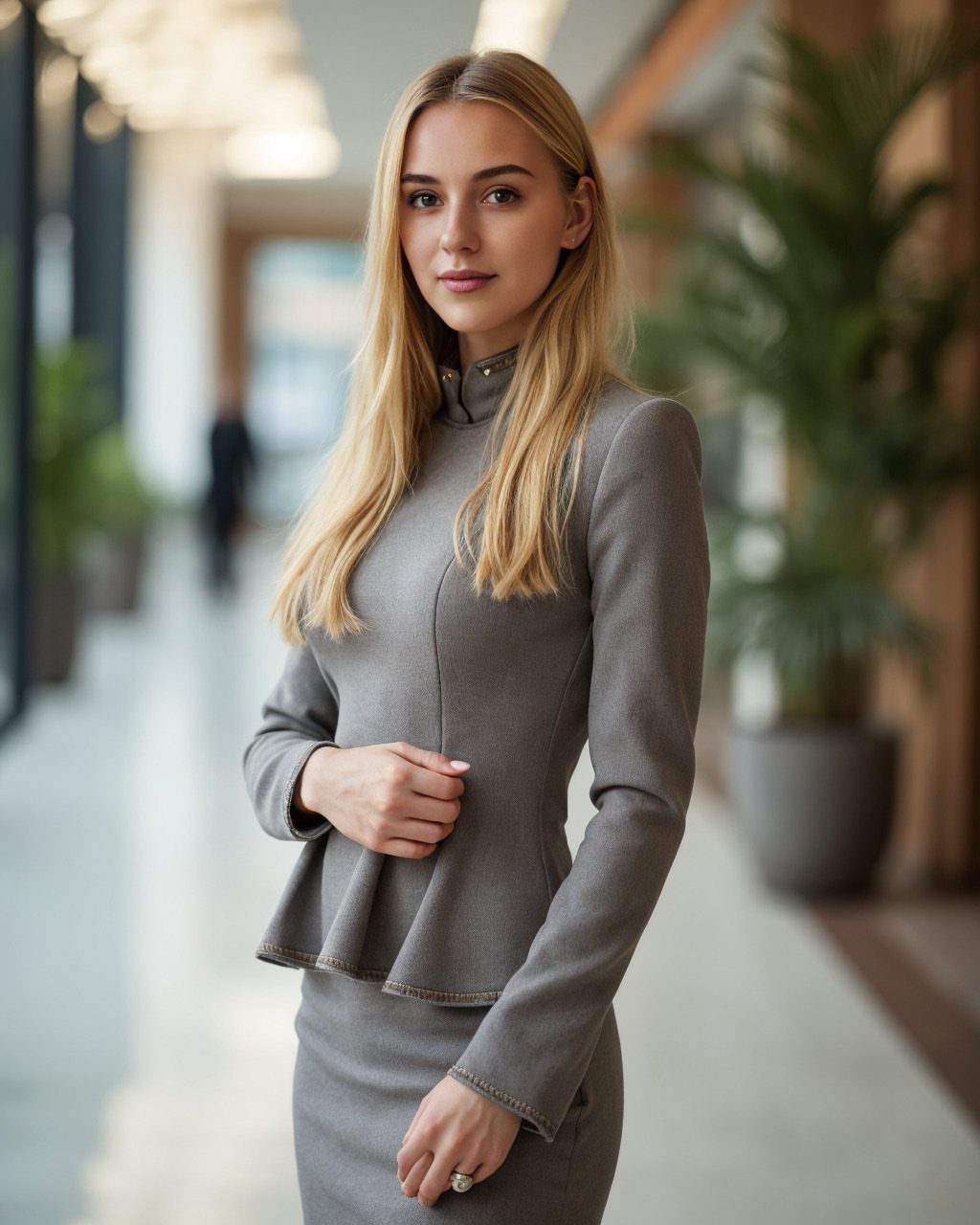 A blonde woman wearing a stylish grey peplum top and matching skirt in a bright hallway.