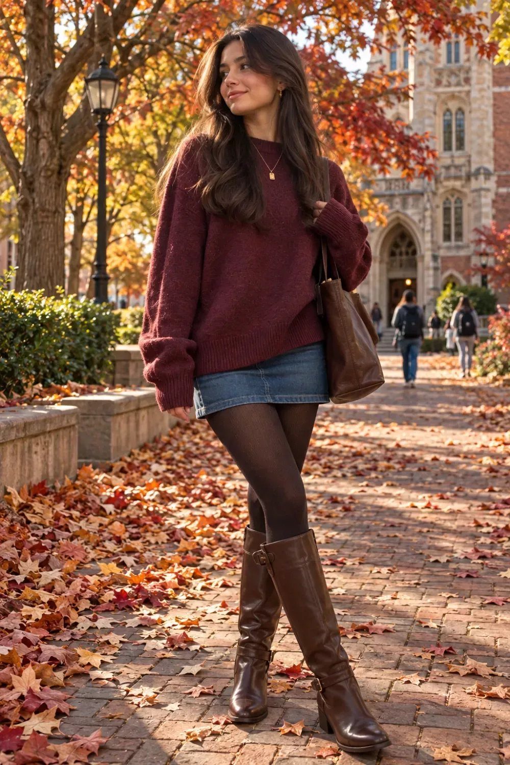 Woman in a maroon sweater, denim skirt, and brown boots standing among autumn leaves.