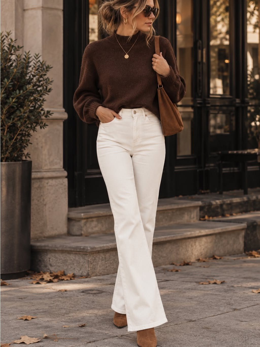 Woman wearing a brown sweater, white high-waisted jeans, and tan ankle boots standing on a sidewalk.