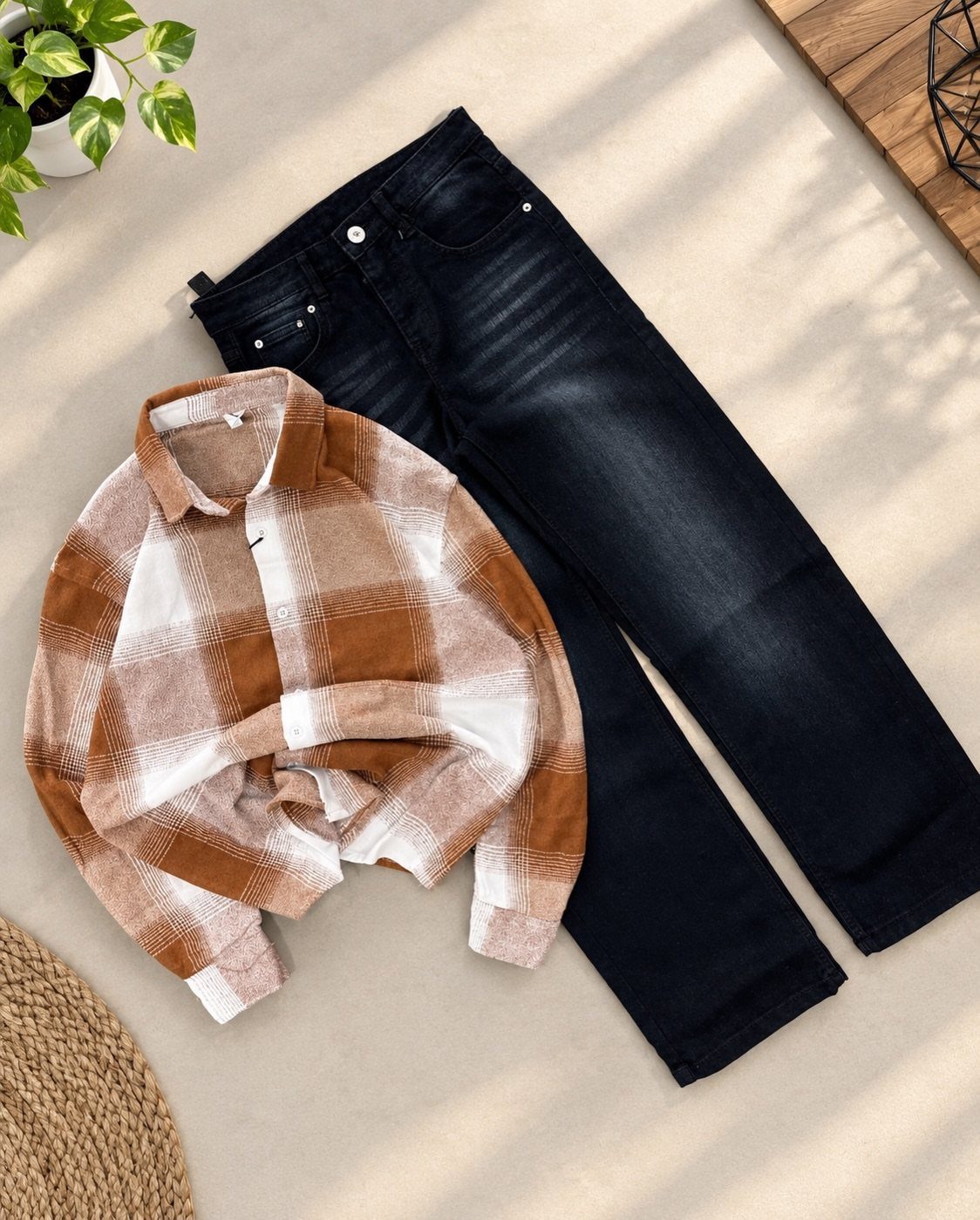 A brown and white plaid flannel shirt paired with dark denim jeans on a neutral background.
