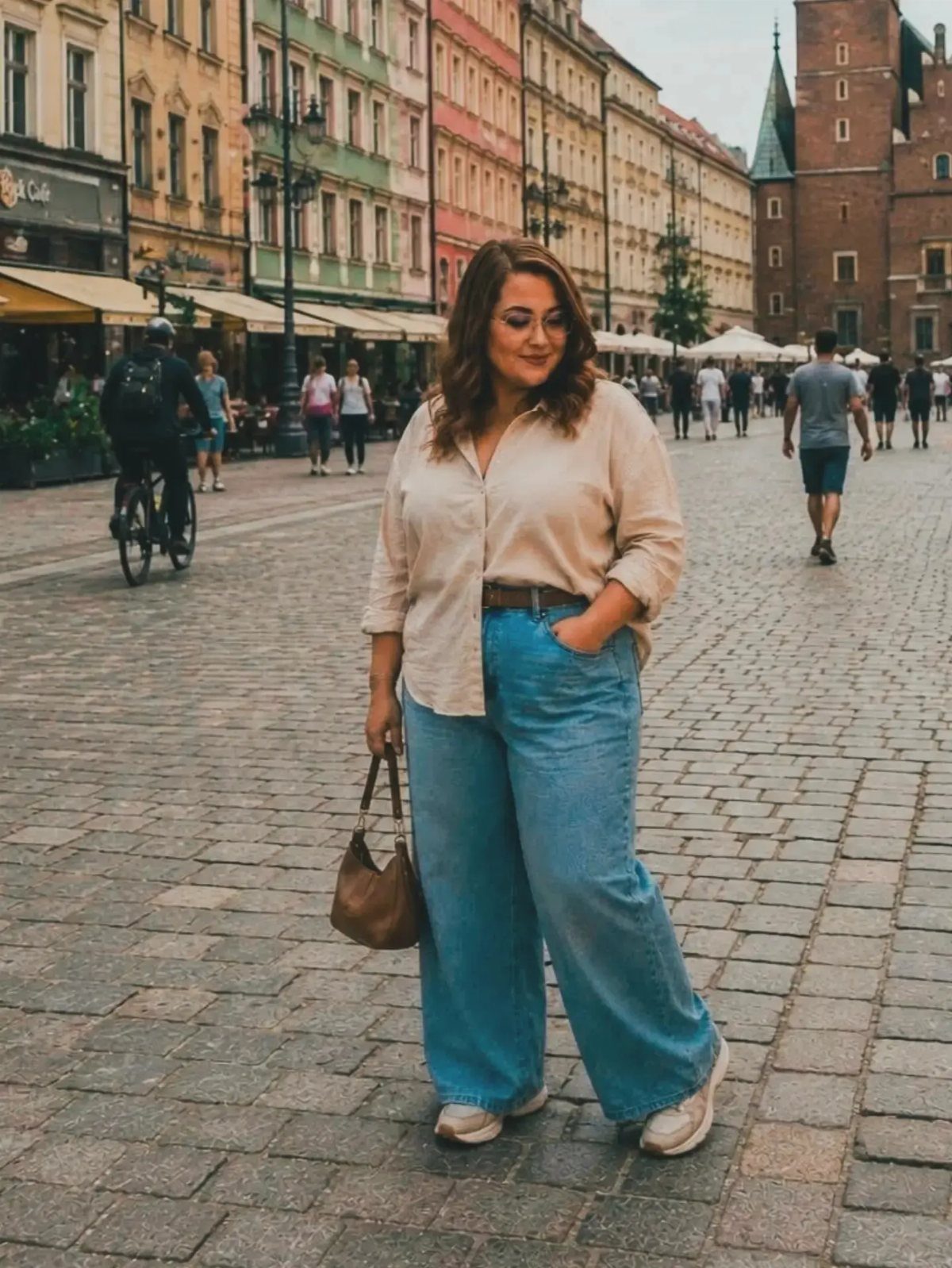 A woman wearing a beige shirt, blue wide-leg jeans, and a brown belt walking on cobblestones.