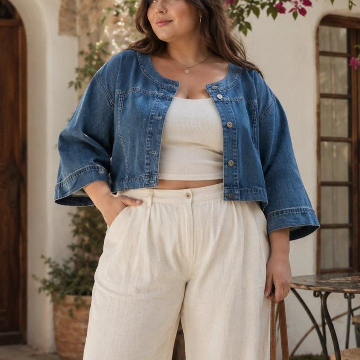 Woman wearing a blue denim jacket, white crop top, and cream wide-leg trousers.