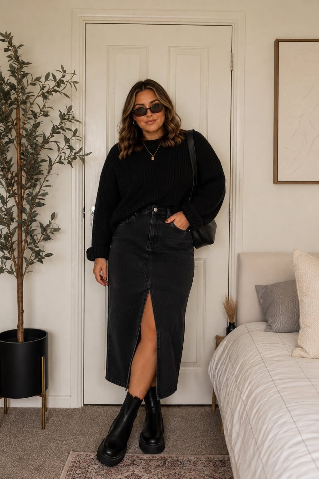 A woman wearing a black sweater and a black denim midi skirt with a front slit.