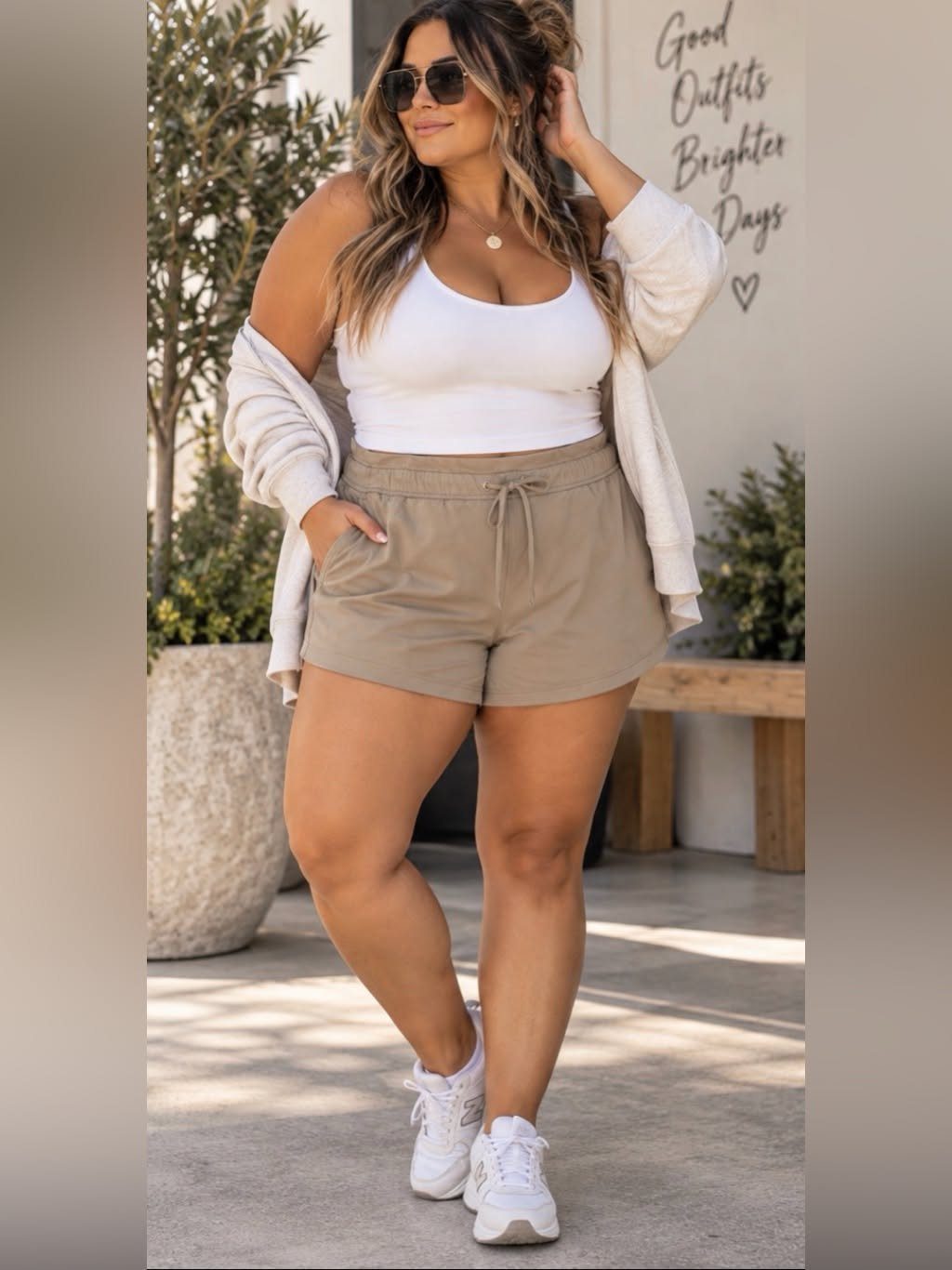A woman walking outdoors wearing a white tank top, beige cardigan, and tan shorts.
