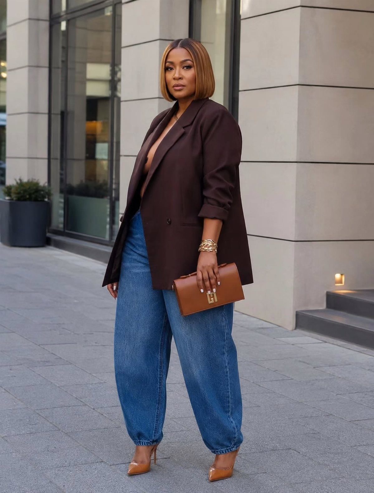 A woman wearing a dark brown tailored blazer and wide-leg blue jeans standing outdoors.