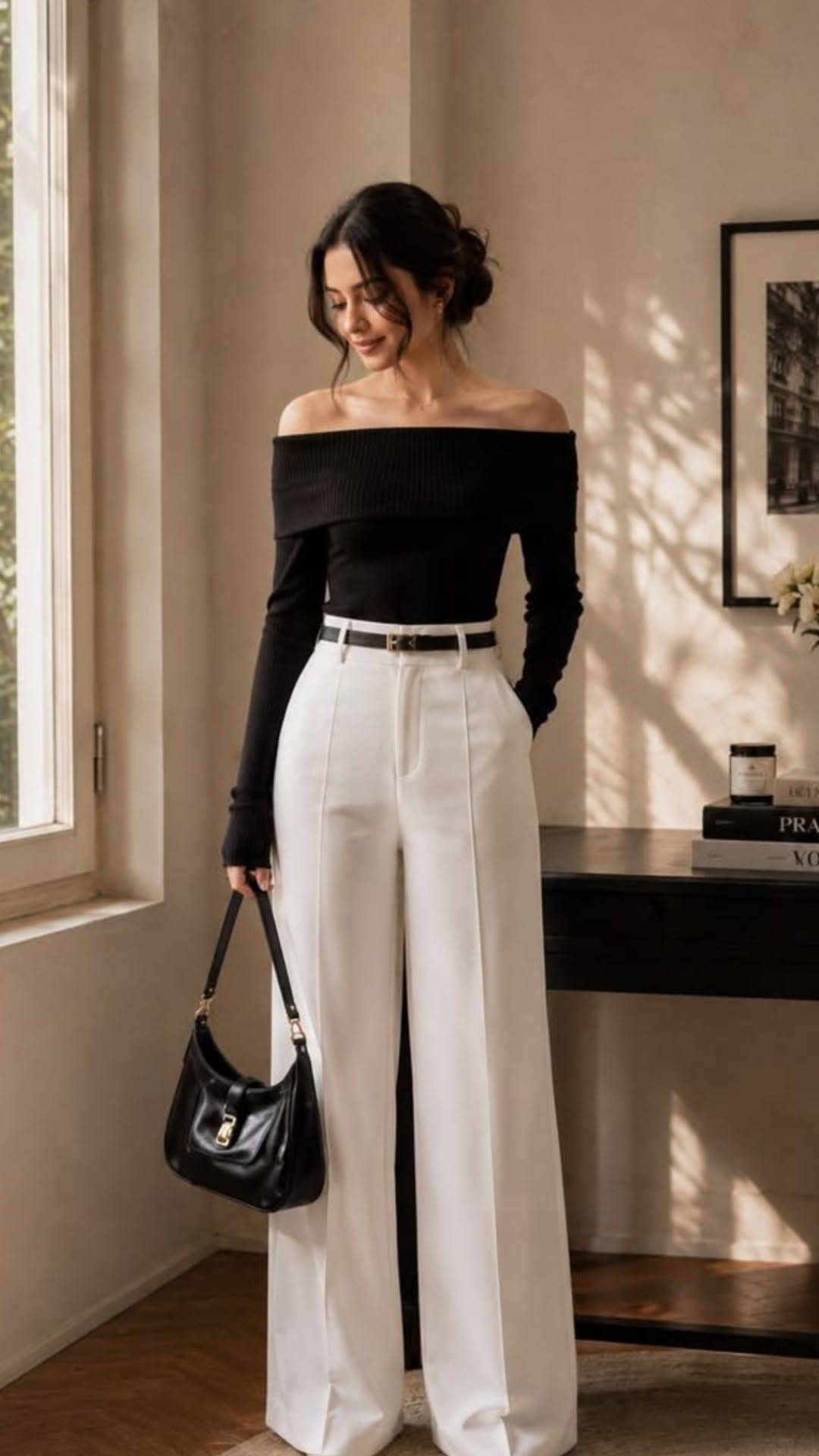 Woman wearing a black off-the-shoulder top and white wide-leg trousers holding a black handbag.