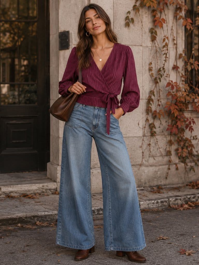 A woman wearing a maroon wrap blouse and wide-leg blue jeans standing outdoors.