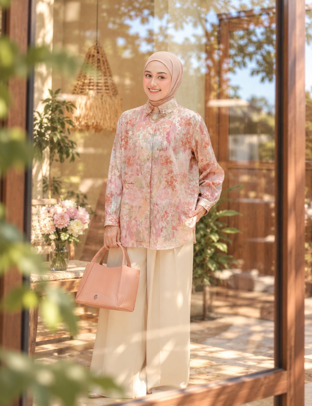 A smiling woman in a pink floral blouse and cream wide-leg trousers holding a peach handbag.