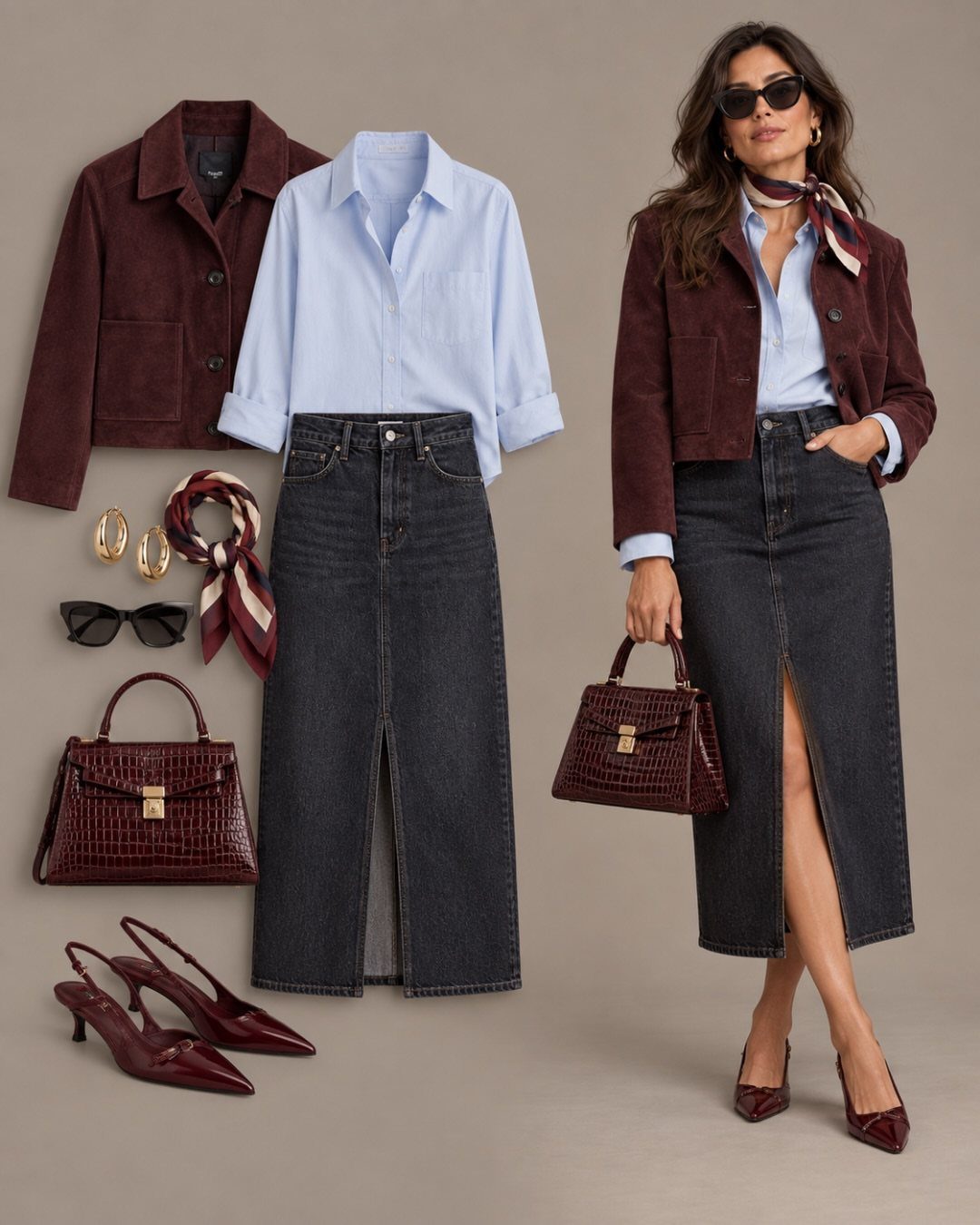 Woman wearing a maroon suede jacket, blue shirt, and long black denim skirt with a slit.