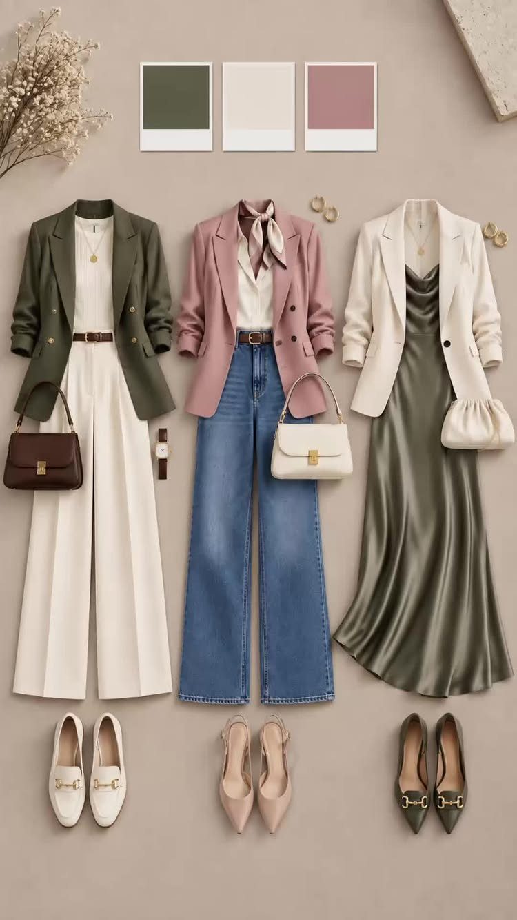 Three coordinated outfits with blazers, trousers, and accessories arranged alongside color swatches.
