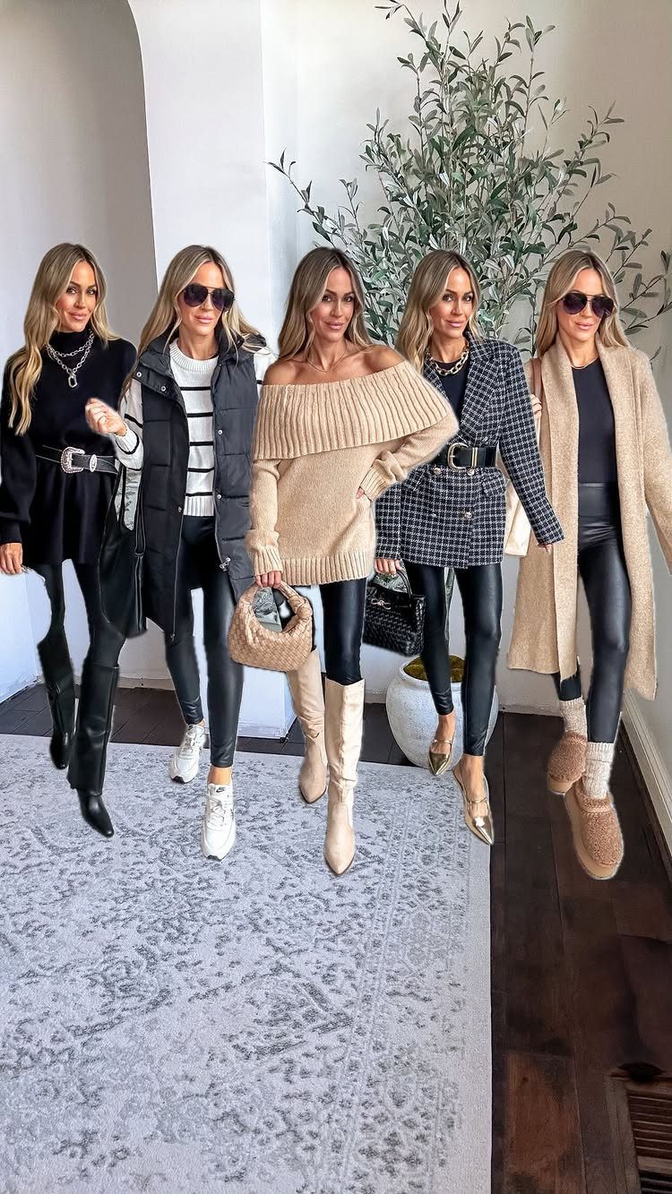 Five women posing in stylish fall outfits including sweaters, blazers, and black leggings.