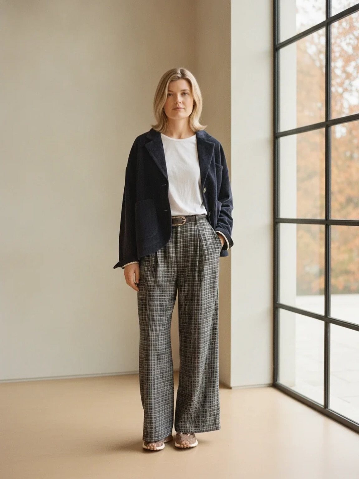 A woman wearing a navy blazer and grey plaid wide-leg trousers standing by a window.