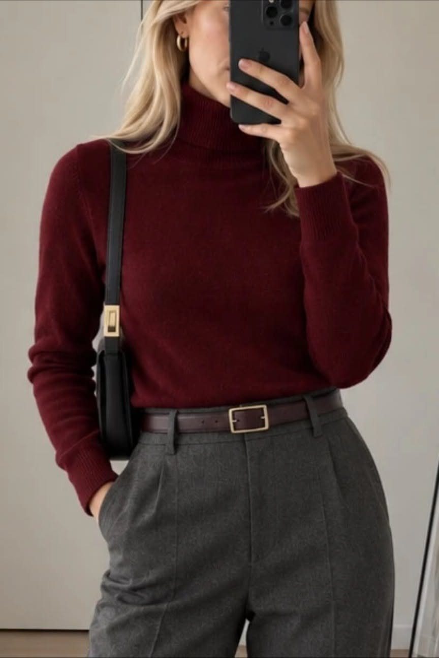 Woman wearing a burgundy turtleneck sweater and grey trousers taking a mirror selfie.