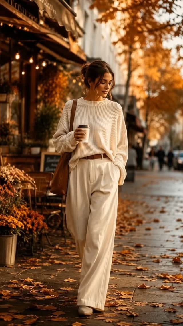 Woman in a cream sweater and wide-leg trousers walking through an autumn city street.