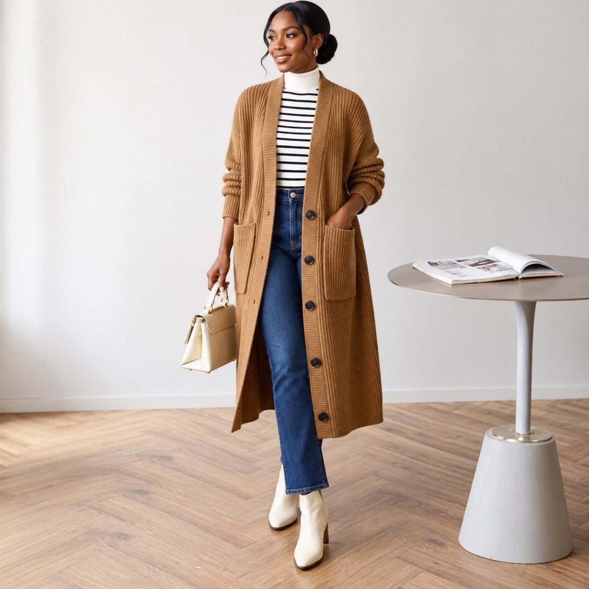 A woman wearing a long brown ribbed cardigan, striped turtleneck, and blue jeans.