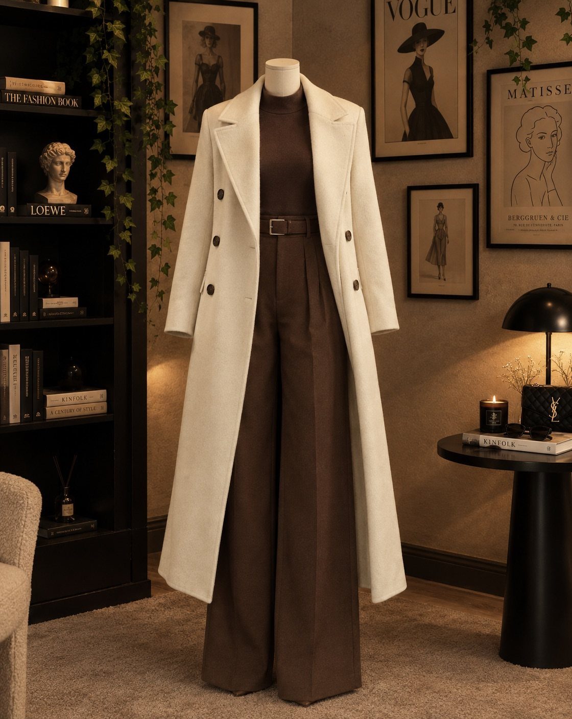 A long white double-breasted coat on a mannequin paired with brown wide-leg trousers.
