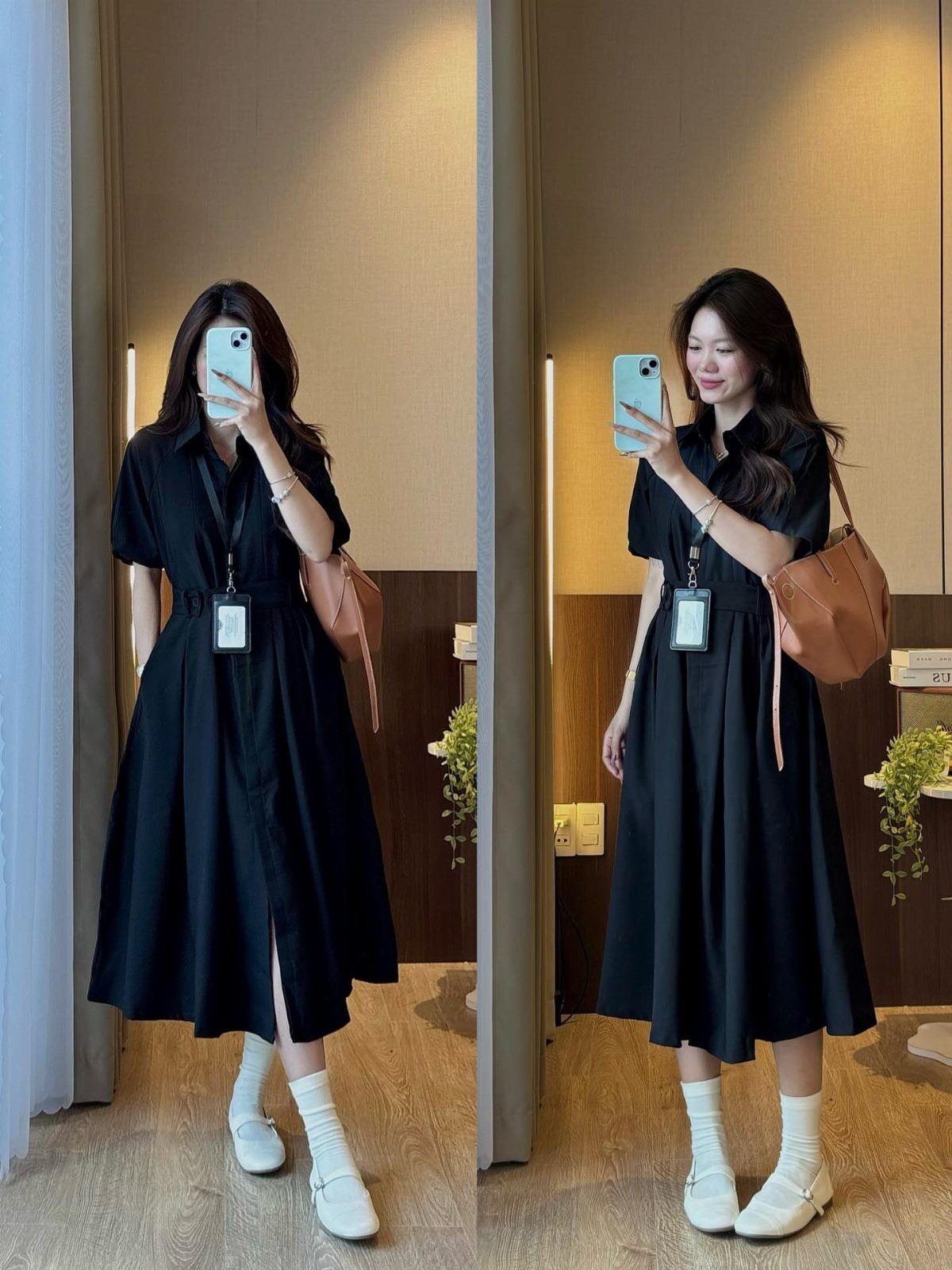 Woman in a black midi shirtdress posing for mirror selfies in a room.