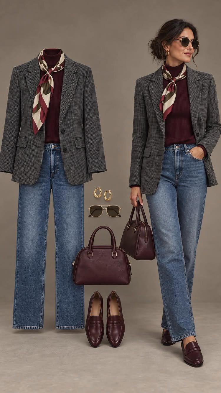 A woman and mannequin wearing a grey patterned blazer, burgundy turtleneck, and blue jeans.