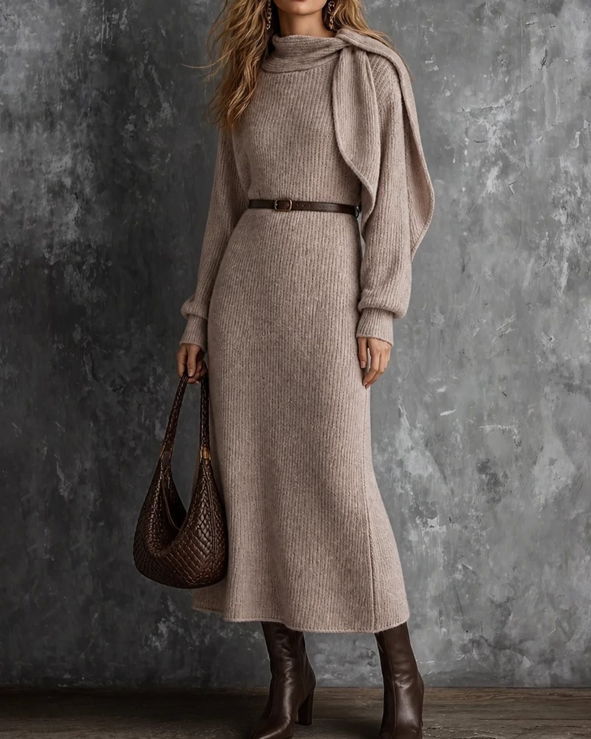 A woman wearing a long taupe ribbed knit maxi dress with a thin belt and dark boots.