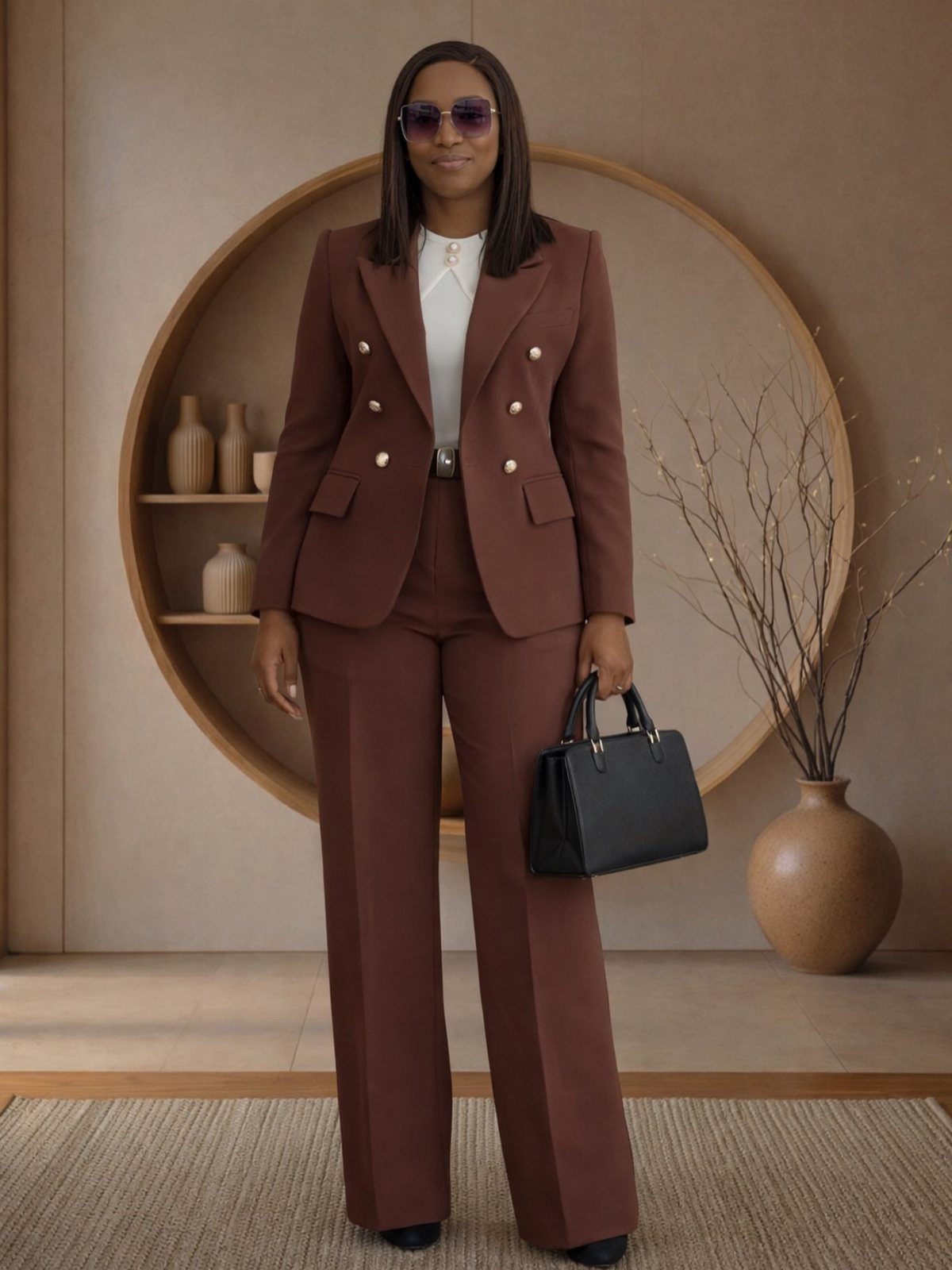 Woman wearing a brown double-breasted tailored suit and white blouse holding a black handbag.